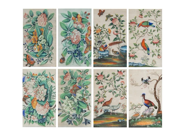 Two series of chinese canton paintings, 'butterflies and flowers' & 'birds in a garden', gouache on rice paper, late 18th/19thc, framed 58,5 x 84,5 cm (each, framed per series) - afbeelding 1 van  7