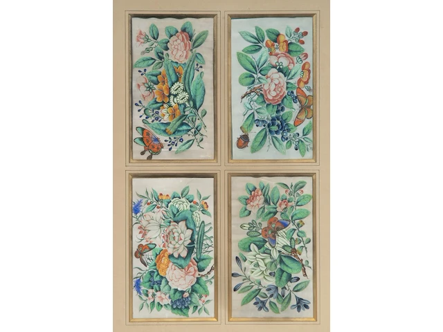Two series of chinese canton paintings, 'butterflies and flowers' & 'birds in a garden', gouache on rice paper, late 18th/19thc, framed 58,5 x 84,5 cm (each, framed per series) - afbeelding 2 van  7