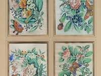Two series of chinese canton paintings, 'butterflies and flowers' & 'birds in a garden', gouache on rice paper, late 18th/19thc, framed 58,5 x 84,5 cm (each, framed per series) - afbeelding 2 van  7
