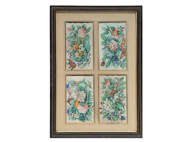 Two series of chinese canton paintings, 'butterflies and flowers' & 'birds in a garden', gouache on rice paper, late 18th/19thc, framed 58,5 x 84,5 cm (each, framed per series) - afbeelding 3 van  7