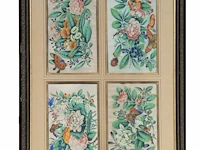 Two series of chinese canton paintings, 'butterflies and flowers' & 'birds in a garden', gouache on rice paper, late 18th/19thc, framed 58,5 x 84,5 cm (each, framed per series) - afbeelding 3 van  7