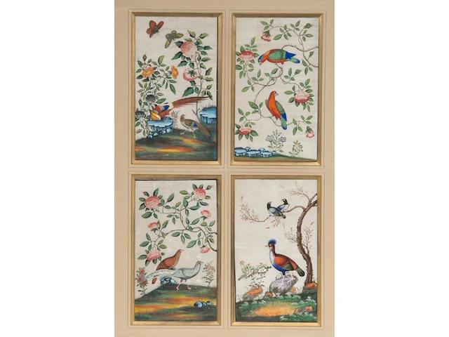 Two series of chinese canton paintings, 'butterflies and flowers' & 'birds in a garden', gouache on rice paper, late 18th/19thc, framed 58,5 x 84,5 cm (each, framed per series) - afbeelding 5 van  7