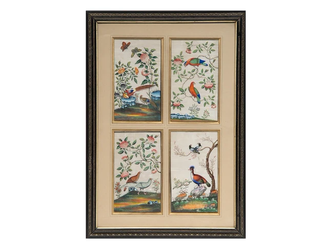 Two series of chinese canton paintings, 'butterflies and flowers' & 'birds in a garden', gouache on rice paper, late 18th/19thc, framed 58,5 x 84,5 cm (each, framed per series) - afbeelding 6 van  7