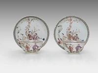 Two sets of fine chinese famille rose 'figures in a garden' cups and saucers, 18thc