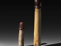 Two thai palad khik sculptures, polychrome carved wood, h 21 - 41 cm