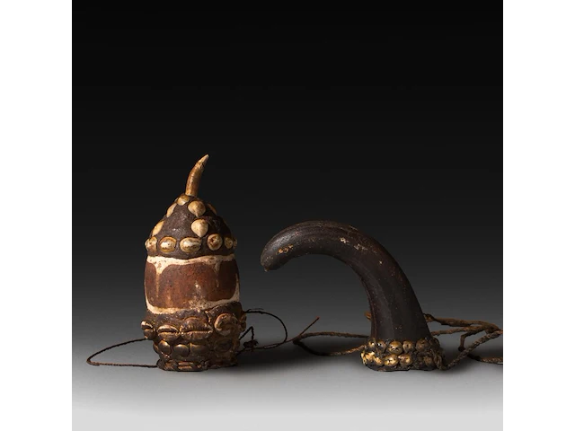 Two tribal penis sheaths, decorated with sea shells, papua new guinea, h 14 - 15 cm - afbeelding 1 van  4