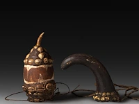 Two tribal penis sheaths, decorated with sea shells, papua new guinea, h 14 - 15 cm