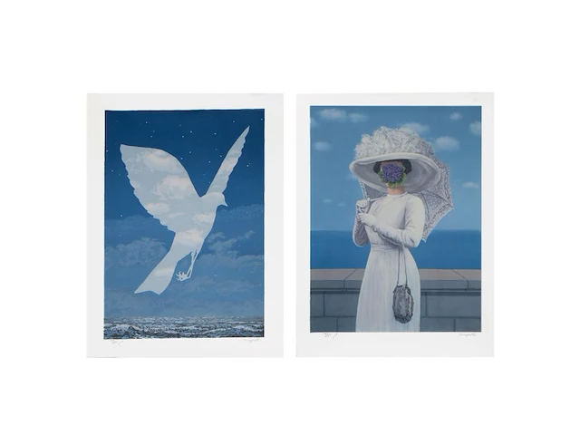 Two unframed offset lithographs by rené magritte (1898-1967), 'l'entrée en scène' (n° 175/275) and 'la grande guerre' (n° 265/275) sheet size: 60 x 45 cm. (23.62 x 17.71 in.) - afbeelding 1 van  7