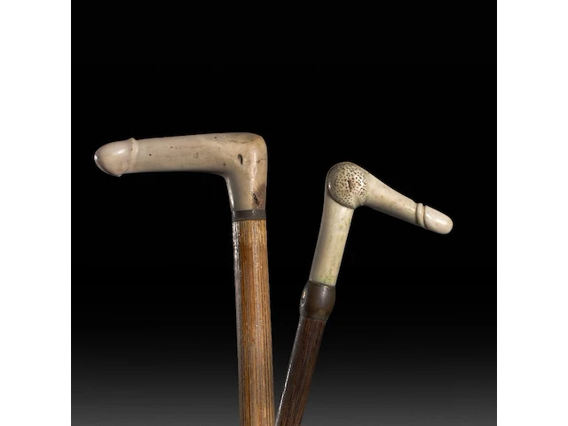 Two walking sticks with carved bone phallic endings, late 19thc - afbeelding 1 van  8