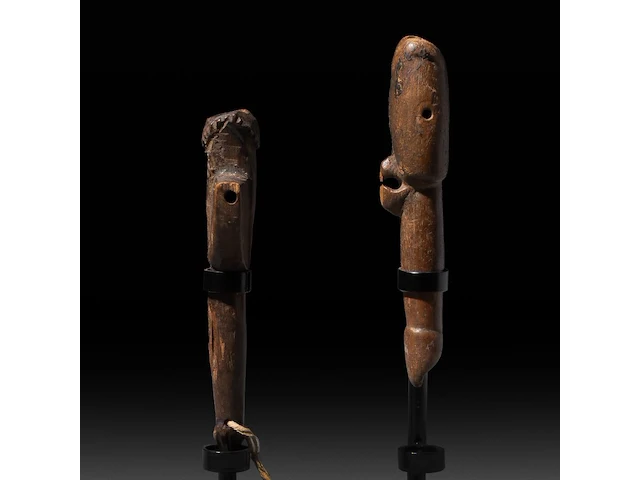 Two wooden tribal whistles with phallus symbols, lobi people, burkina faso 18 cm. (7.08 in.) - afbeelding 4 van  5