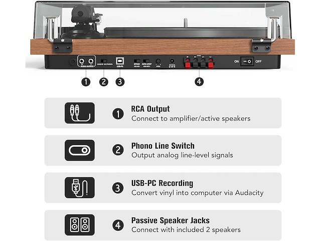 Udreamer at-3600l platenspeler 40w bluetooth hi-fi, speakers en ingebouwde versterker 60db - afbeelding 4 van  5