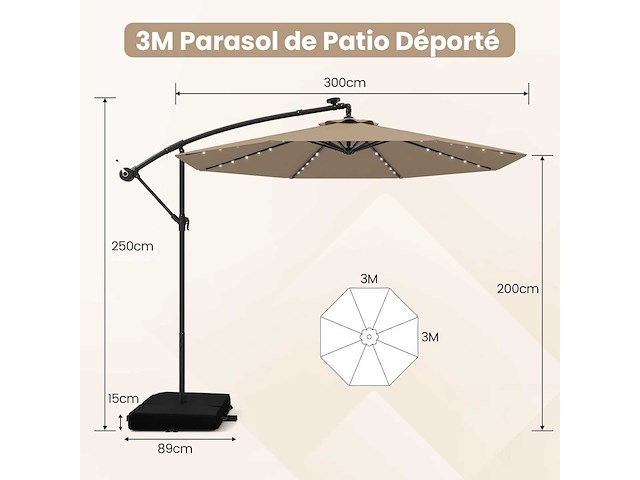 Uitkragende parasol 3x3m, buitentuinparasol 40 led solar - afbeelding 3 van  7