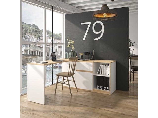 Uitschuifbaar hoekbureau gibral 155x136cm - wit/eik decor - afbeelding 1 van  4