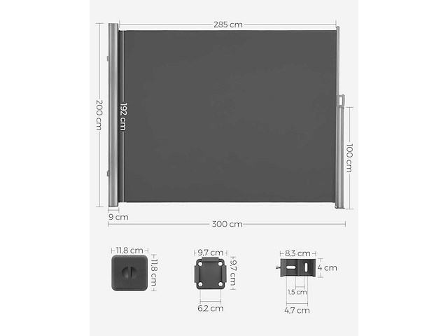 Uitschuifbare aluminium zijluifel 200 x 300 cm, privacyscherm, zonbescherming, ondoorzichtig - afbeelding 5 van  6