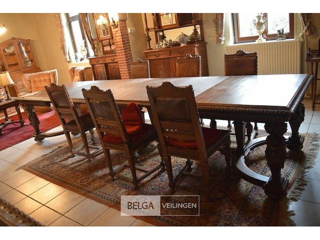 Uitschuifbare tafel met 6 tussenstukken, handgesneden houten kariatide, renaissance stijl ±380x170cm - afbeelding 1 van  7