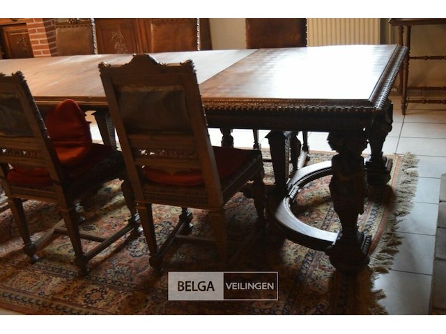 Uitschuifbare tafel met 6 tussenstukken, handgesneden houten kariatide, renaissance stijl ±380x170cm - afbeelding 2 van  7