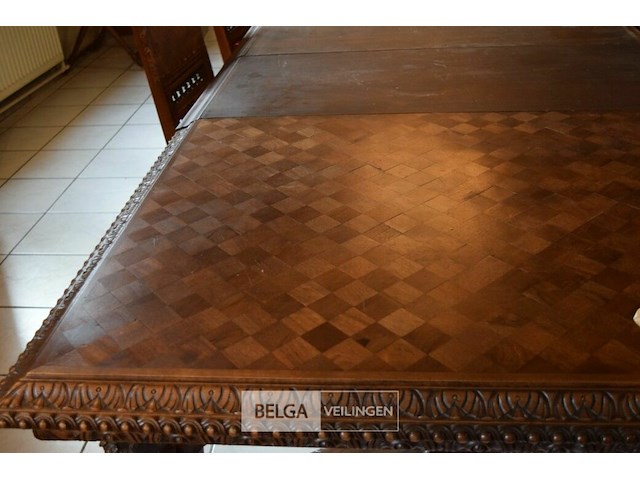 Uitschuifbare tafel met 6 tussenstukken, handgesneden houten kariatide, renaissance stijl ±380x170cm - afbeelding 3 van  7