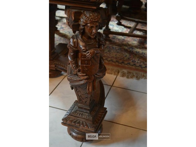 Uitschuifbare tafel met 6 tussenstukken, handgesneden houten kariatide, renaissance stijl ±380x170cm - afbeelding 4 van  7