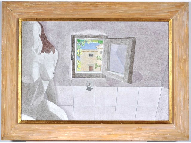 Umberto - naakt in badkamer - kleurpotloodtekening - 1995 - afbeelding 2 van  11