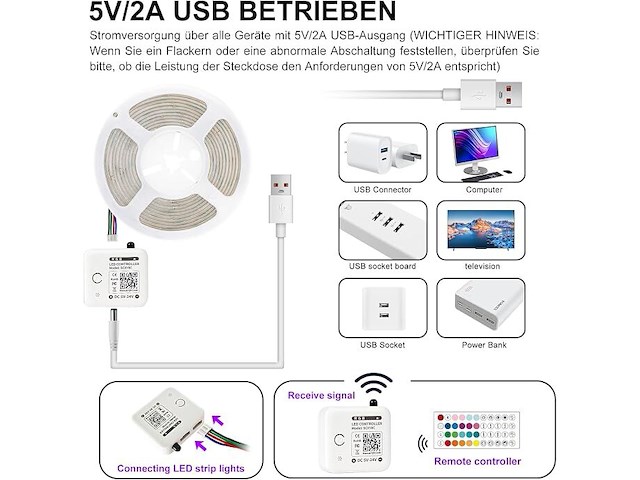 Usb led-strip cob rgb-strip 5 m - afbeelding 2 van  4