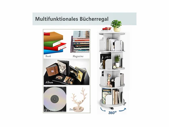 Uyoyous draaibare boekenkast met 4 niveaus, 360° draaibare boekenkast met wielen, hoekrek - afbeelding 2 van  2