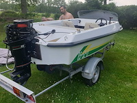 Vaarklare elan polyester speedboot van eind jaren 1980, lengte 4m, max 3 personen, 25pk 2-takt kortstaart buitenboordmotor van het merk mercury. de motor draait en koelt goed, onderhoud is aangewezen. snelheid met 3 personen: 30-40 km/h. - afbeelding 14 van  28