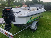 Vaarklare elan polyester speedboot van eind jaren 1980, lengte 4m, max 3 personen, 25pk 2-takt kortstaart buitenboordmotor van het merk mercury. de motor draait en koelt goed, onderhoud is aangewezen. snelheid met 3 personen: 30-40 km/h. - afbeelding 15 van  28