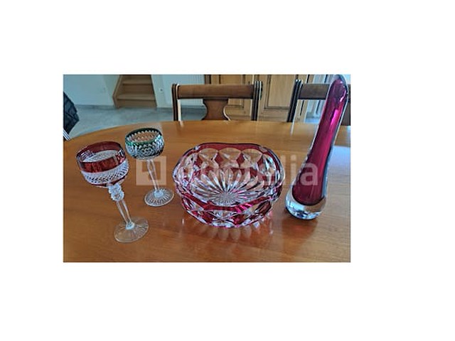 Val-saint-lambert kristallen fruitkom en vaas, 2 kristallen glasen - afbeelding 1 van  6