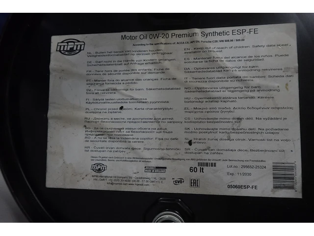 Vat olie mpm 0w-20 prem. esp-fe 60l - afbeelding 3 van  5