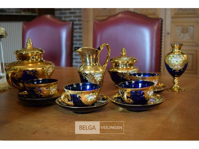 Venetiaans glas theeset met kobalt blauwe en gouden decoratie - afbeelding 1 van  6