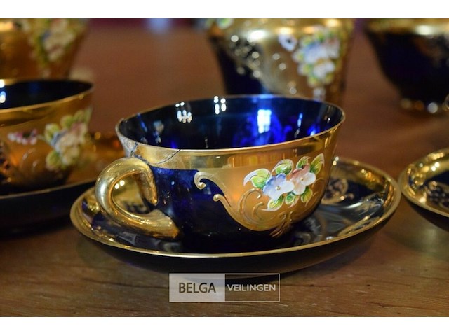 Venetiaans glas theeset met kobalt blauwe en gouden decoratie - afbeelding 2 van  6