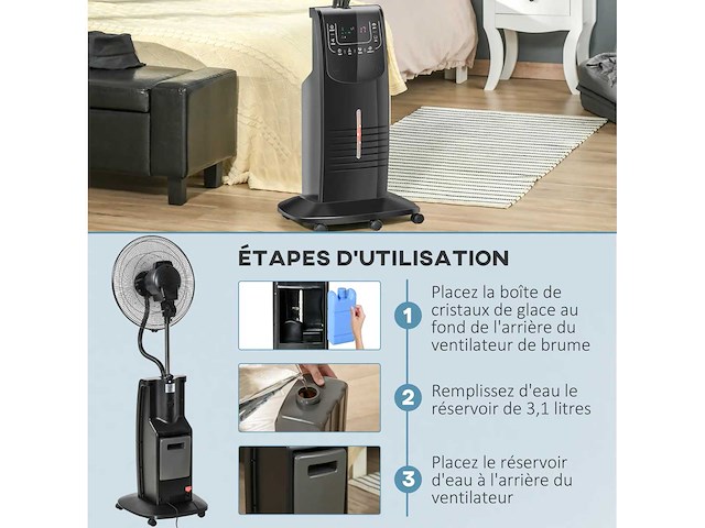 Ventilatormist op wielen 90 w afstandsbedieningstimer 3 modi 3 versnellingen oscillerend stille zwart - afbeelding 7 van  7