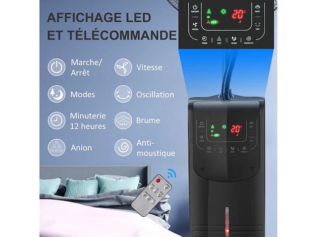 Ventilatormist op wielen 90 w afstandsbedieningstimer 3 modi 3 versnellingen oscillerend stille zwart - afbeelding 4 van  7