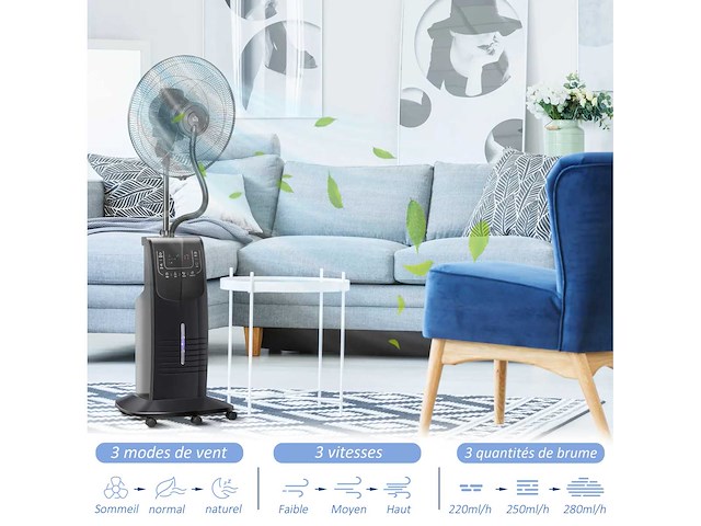 Ventilatormist op wielen 90 w afstandsbedieningstimer 3 modi 3 versnellingen oscillerend stille zwart - afbeelding 5 van  7