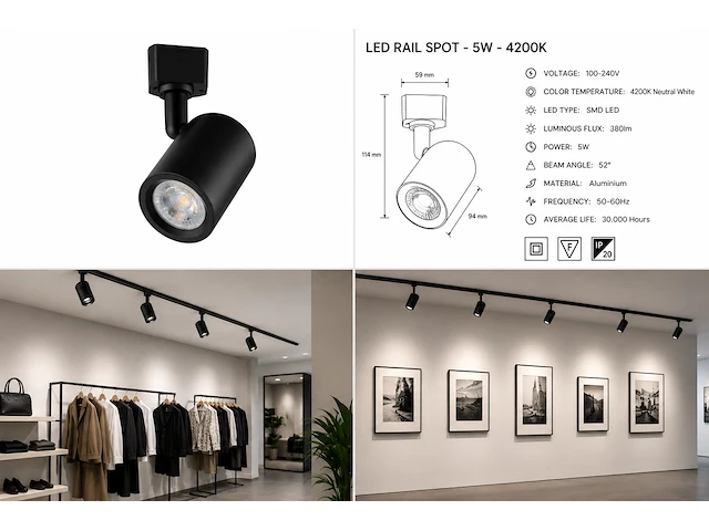 Verstelbare led railspot (horoz) – 5w – 4200k neutraal wit – ip20 – arizona-5 (10 stuks) - afbeelding 4 van  5