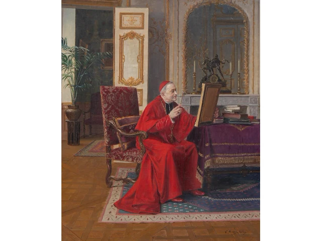 Victor marais-milton (1872-1948), a cardinal, enjoying a piece of art, oil on canvas 46 x 37.5 cm. (18.10 x 14.75 in.), frame: 71 x 62 cm. (27.94 x 24.41 in.) - afbeelding 1 van  6