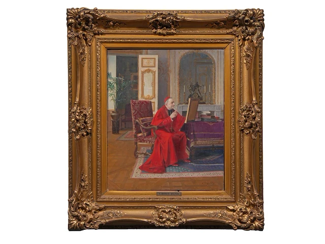 Victor marais-milton (1872-1948), a cardinal, enjoying a piece of art, oil on canvas 46 x 37.5 cm. (18.10 x 14.75 in.), frame: 71 x 62 cm. (27.94 x 24.41 in.) - afbeelding 2 van  6
