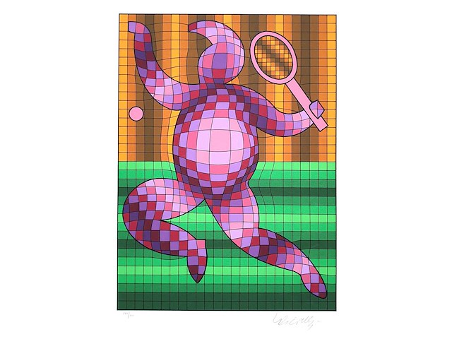 Victor vasarely - tennis player - kleurenzeefdruk - afbeelding 1 van  4