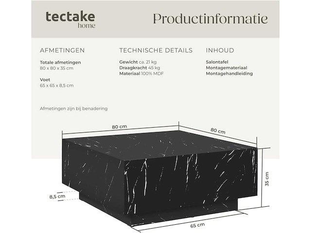 Vierkante salontafel met poot, marmeren look - afbeelding 4 van  9