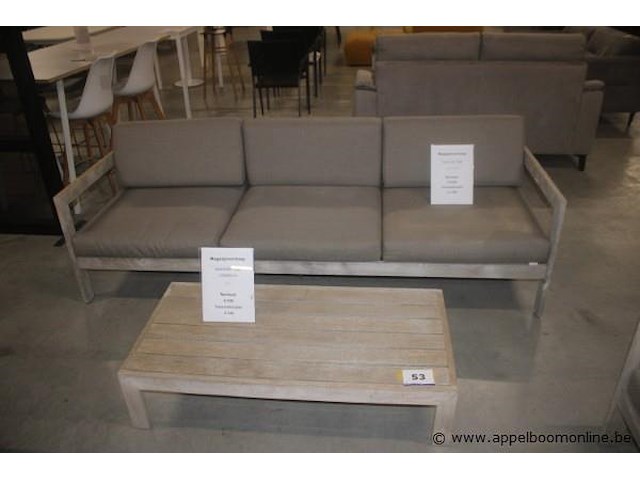 Vigo frame 3-zit teak vergrijsd | vigo salontafel 120x60x28cm in teak vergrijsd | 3x reno/belvedere/vigo 1 zit- en rugkussen voor 1-zit - afbeelding 1 van  2