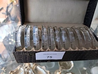 Vintage glazen presenteerschaal met verzilverde handgreep, verzilverde menageset, glazen karaf met verzilverde bovenkant en handvat, set van 11 glazen onderzetters in opbergdoos, vintage swarovski crystal memories secrets beeldjes w.o.: - afbeelding 5 van  8