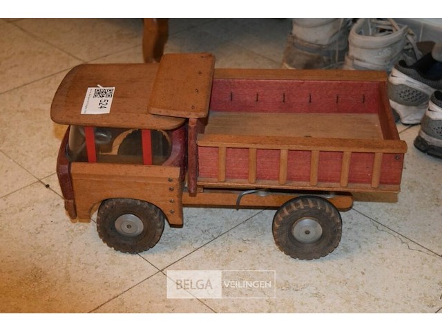 Vintage houten speelgoed kiepwagen - afbeelding 1 van  3