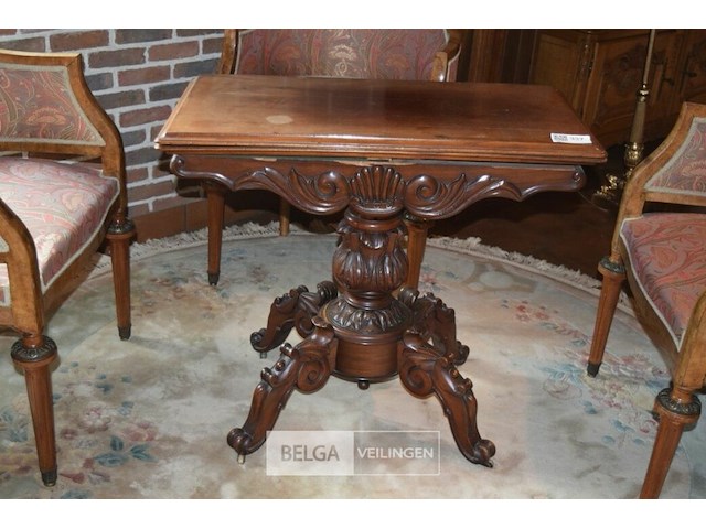 Vintage speeltafel met 4 fauteuils met gebogen rugleunig + tapijt - afbeelding 3 van  7