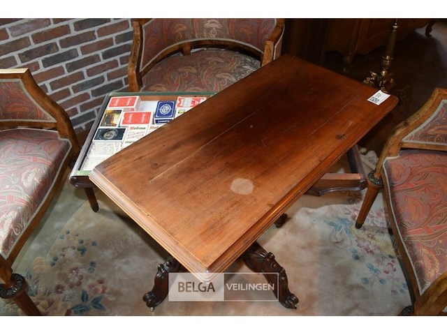 Vintage speeltafel met 4 fauteuils met gebogen rugleunig + tapijt - afbeelding 5 van  7