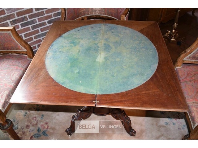 Vintage speeltafel met 4 fauteuils met gebogen rugleunig + tapijt - afbeelding 6 van  7