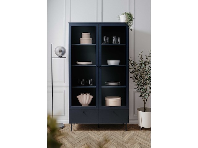 Vitrinekast carillon 100cm met twee deuren en opberglade - marineblauw - afbeelding 1 van  7