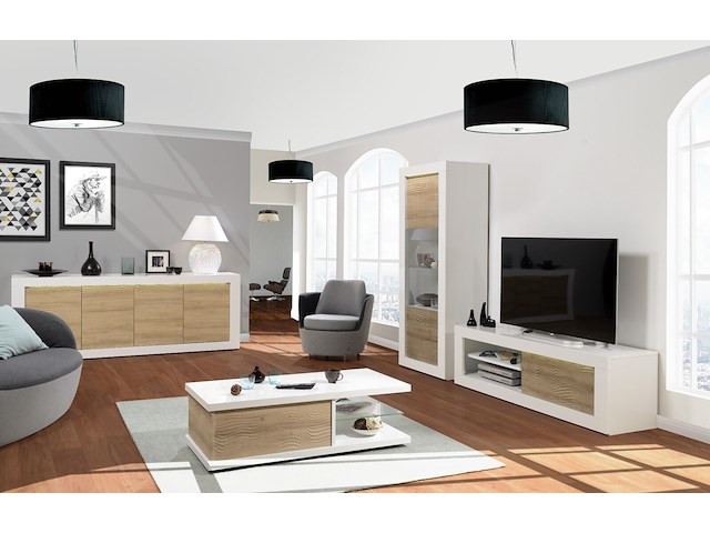 Vitrinekast kaia 80cm 1 deur - hoogglans wit/eik - afbeelding 5 van  5
