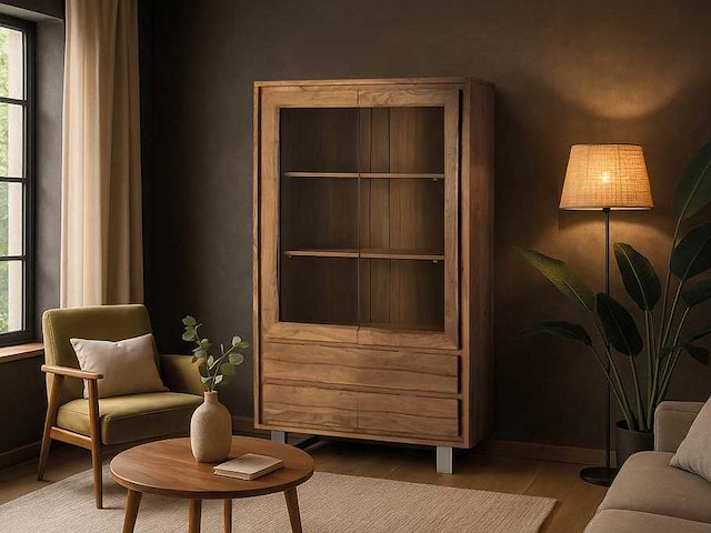 Vitrinekast van massief acaciahout - afbeelding 1 van  14