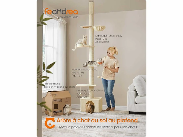 Vloer-tot-plafond krabpaal, hoogte verstelbaar 231-291 cm - afbeelding 2 van  6