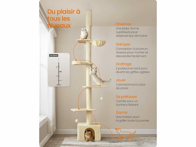 Vloer-tot-plafond krabpaal, hoogte verstelbaar 231-291 cm - afbeelding 3 van  6
